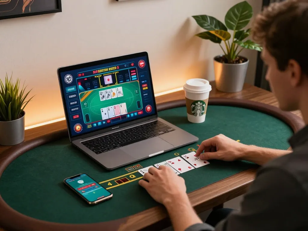 Engaging in strategic online blackjack gameplay at bl555 casino with vibrant interface and modern setup