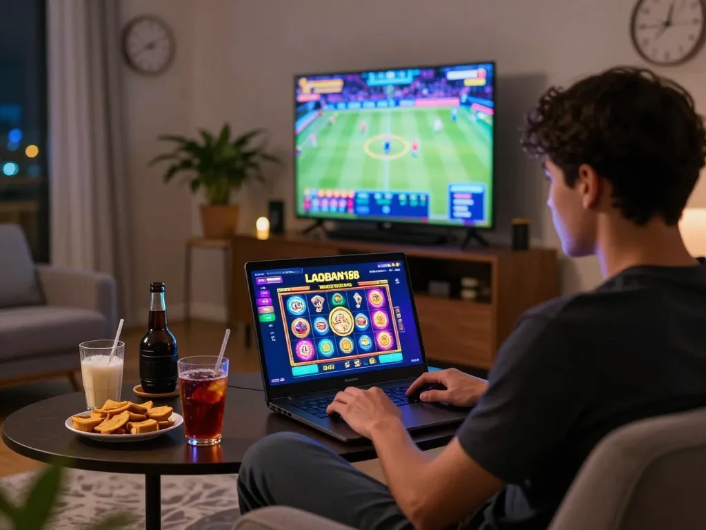 Pemain menikmati mesin slot online di platform LAOBAN188 dalam ruang tamu yang nyaman.