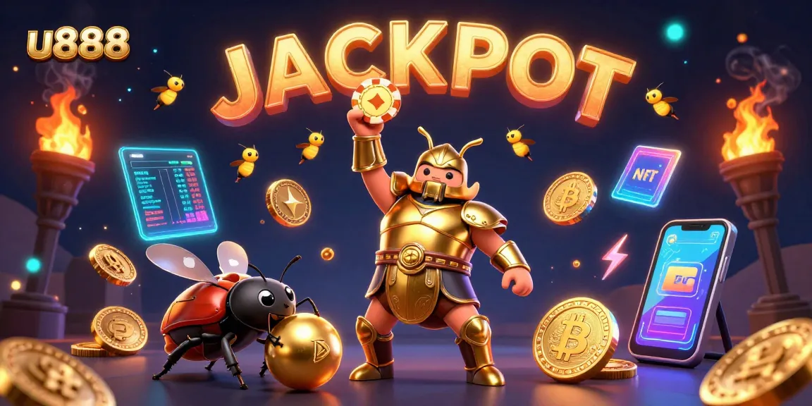 u888 celebrates a jackpot with vibrant casino characters and crypto elements, showcasing exciting online gaming!