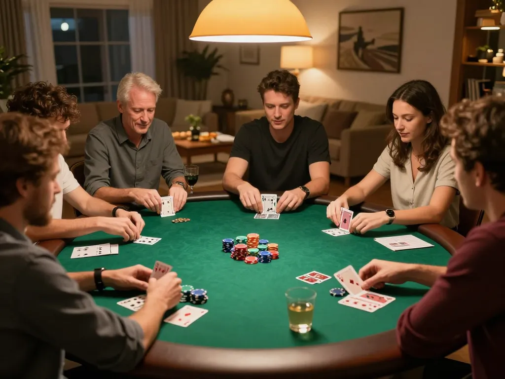 Friends enjoying a poker night while using strategies to win at FB88 table games.