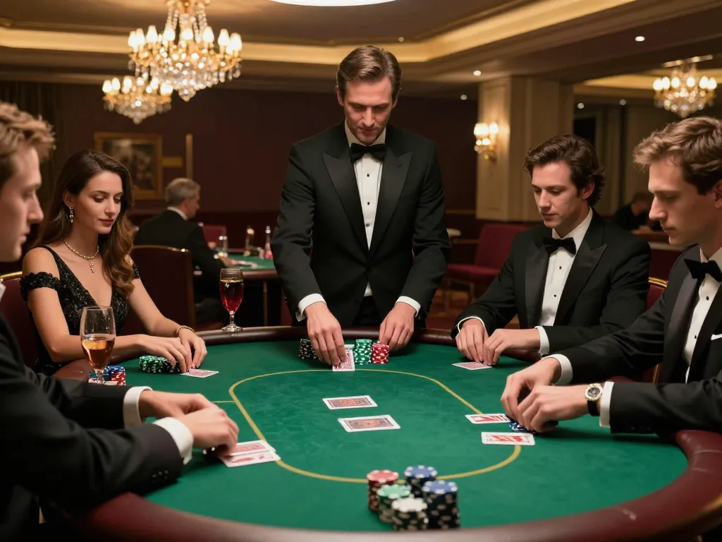 Poker action at an upscale casino table with players engaged, showcasing mb66's strategic gameplay