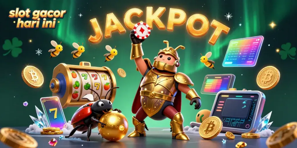 Menyajikan slot gacor hari ini dengan ilustrasi 3D beetle pemenang dan simbol jackpot.