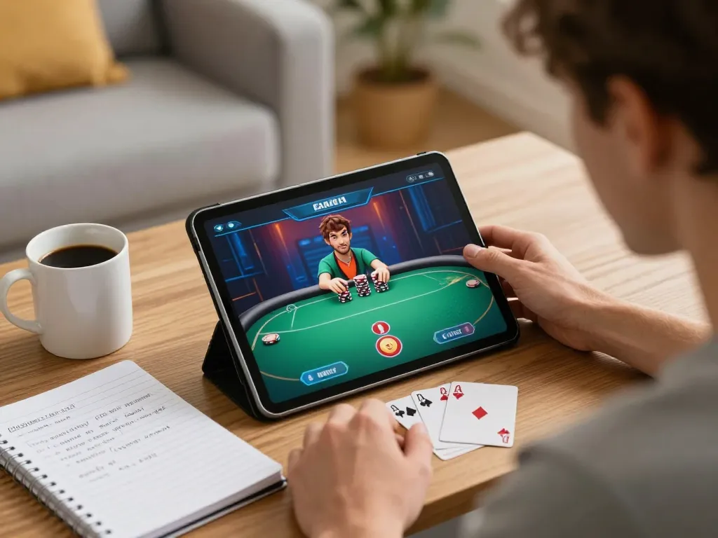 Engaging in online poker at home on 888VI COM, showcasing responsible gaming habits and a cozy environment.
