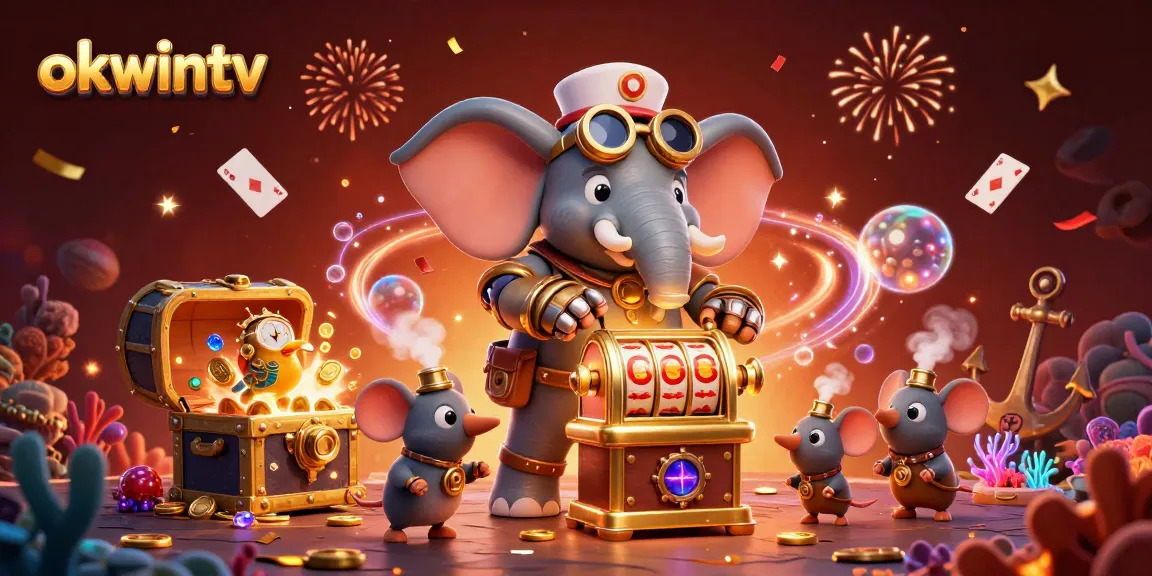 Spin the golden slot machine on okwintv while treasure bursts and confetti rains.