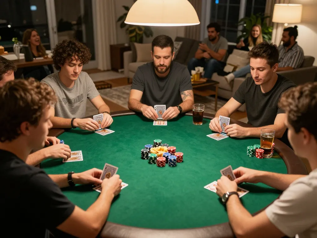 Social poker game in cozy home setting featuring players engaged around the SC88-themed table.