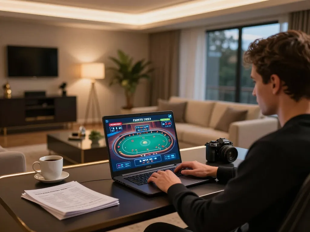 Engaging in a winning strategy on fabet's online platform during a cozy home gaming session.