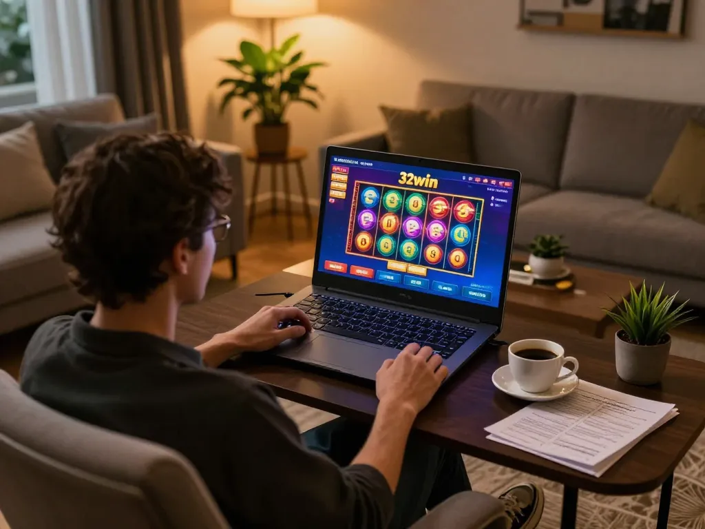 Player engaging with 32win slots on a laptop in a cozy gaming setup.