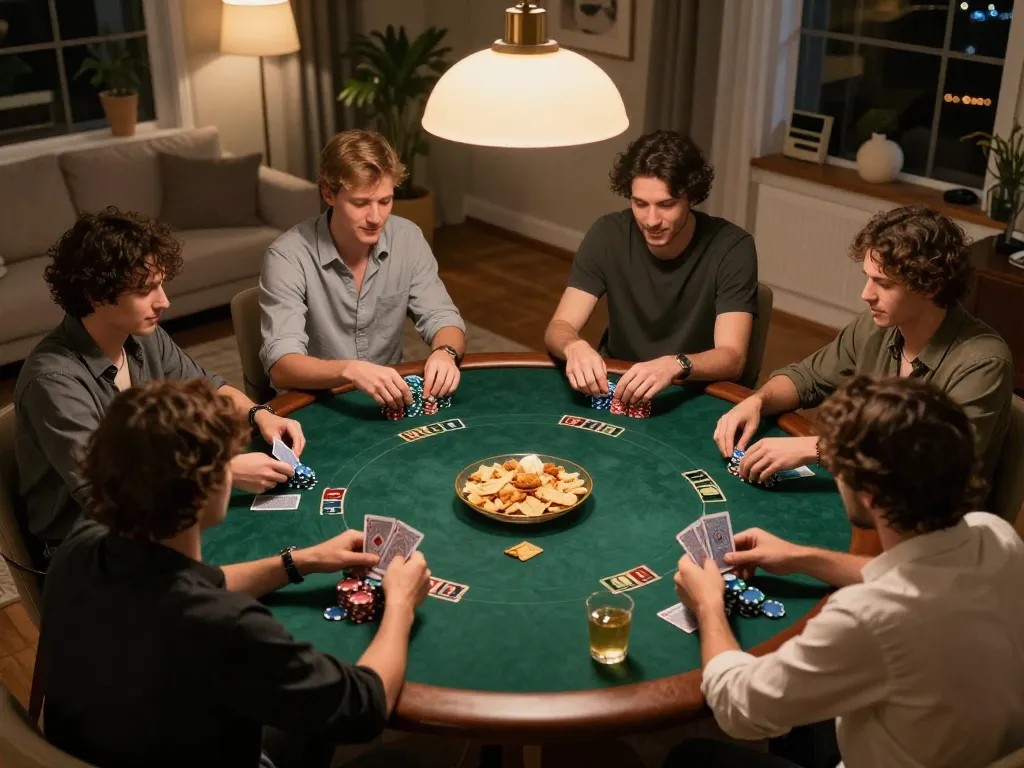 Friends enjoying a lively poker night at home, showcasing strategic interactions and camaraderie at lucks8