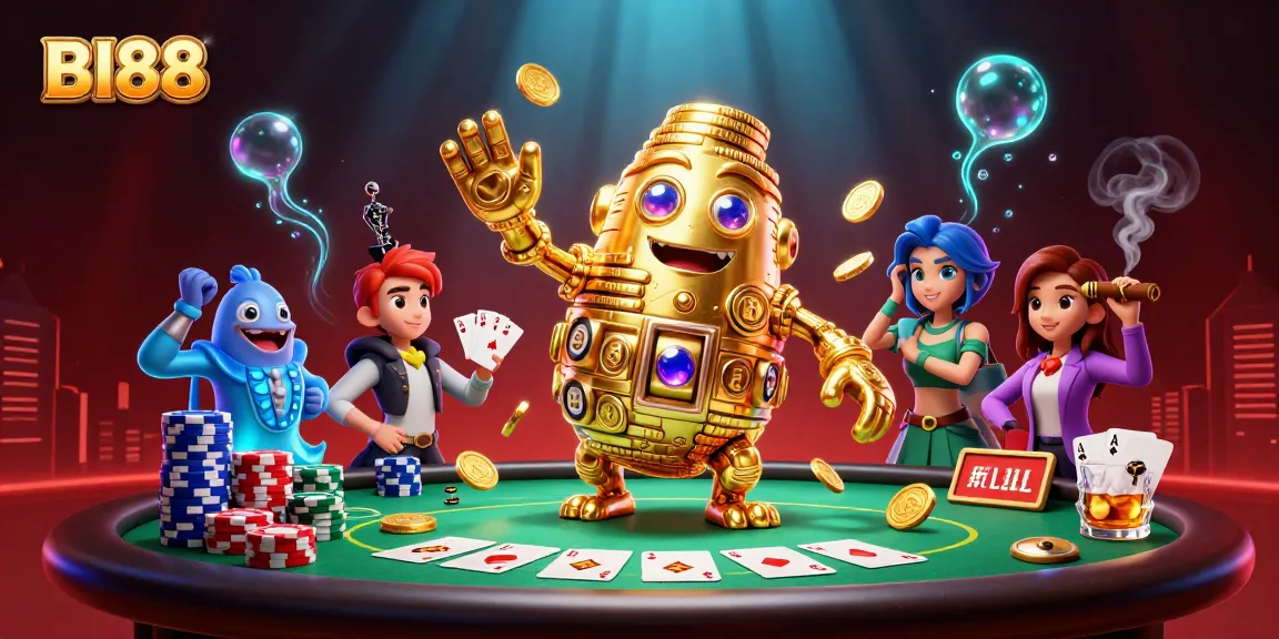 Spin the reels with BI88 at a vibrant online casino featuring stacked golden golem and poker elements.