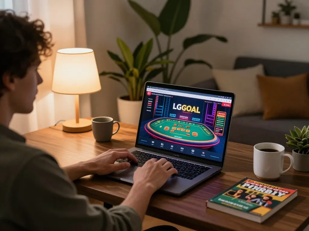 Player engaging with the LGOGOAL platform on laptop in a cozy home setting, showcasing online gaming atmosphere.