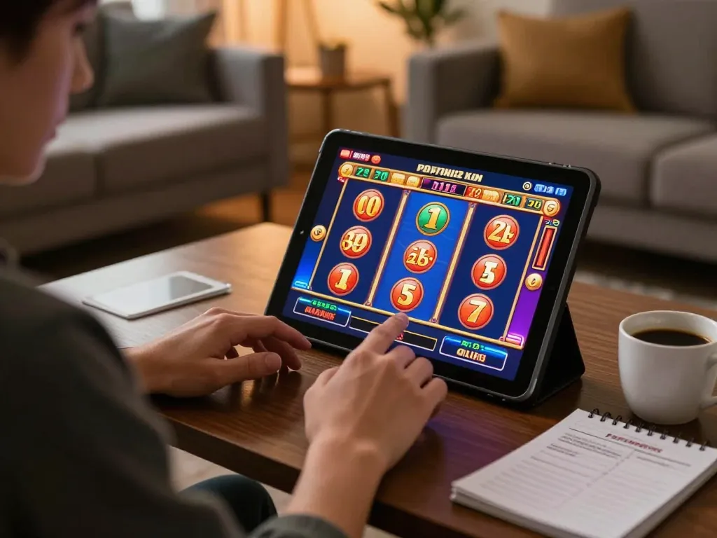 Engaging in an exciting slot depo 5k gaming session on a tablet at home.