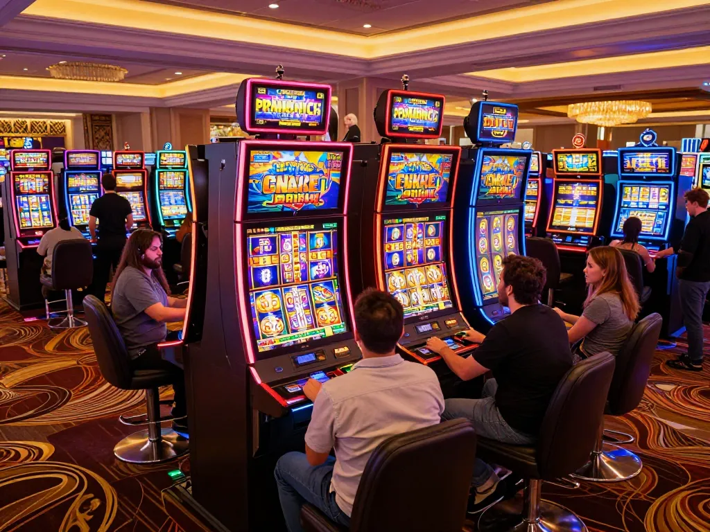 Players enjoying vibrant Pragmatic Slot machines amidst an exciting casino atmosphere.