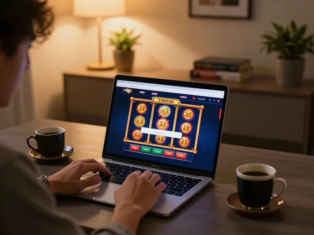 Login idnscore on a laptop while enjoying a cozy gaming session in a modern workspace.