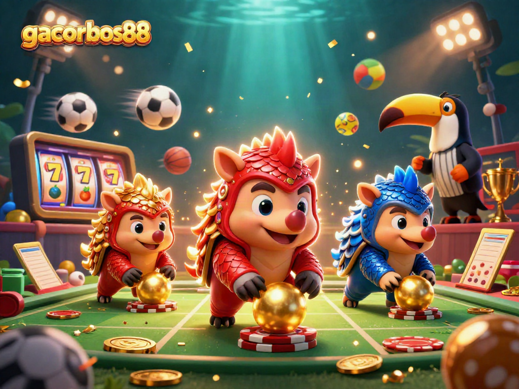 Engage in thrilling gacorbos88 slot action with rival pangolins surrounded by vibrant casino elements.