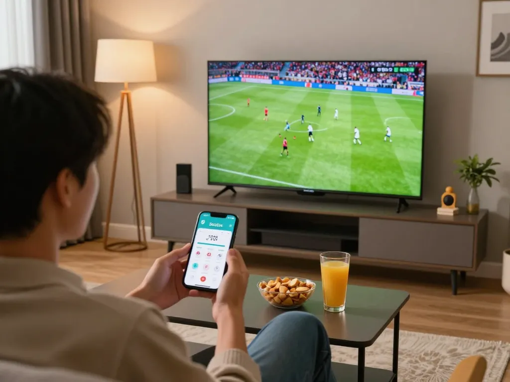 Socolive user placing bets on a live soccer match using a smartphone in a cozy home setting