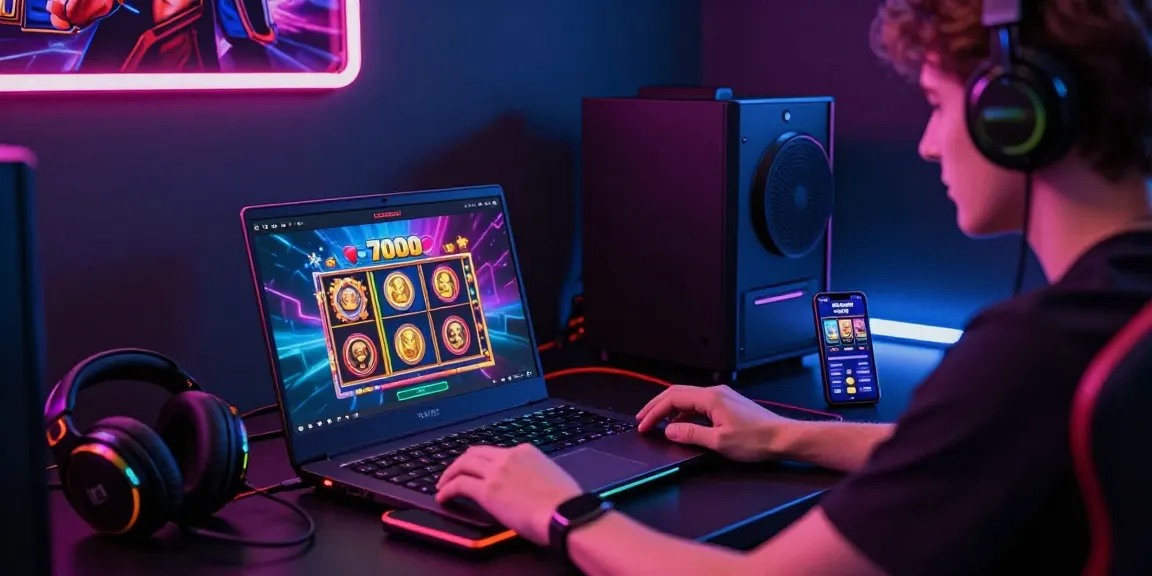 Engaging with slot7000 on sleek laptop amid vibrant gaming atmosphere.
