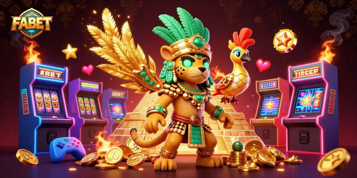 FABET showcases a dynamic casino scene with a Mayan priest, gambling elements, and colorful arcade games.