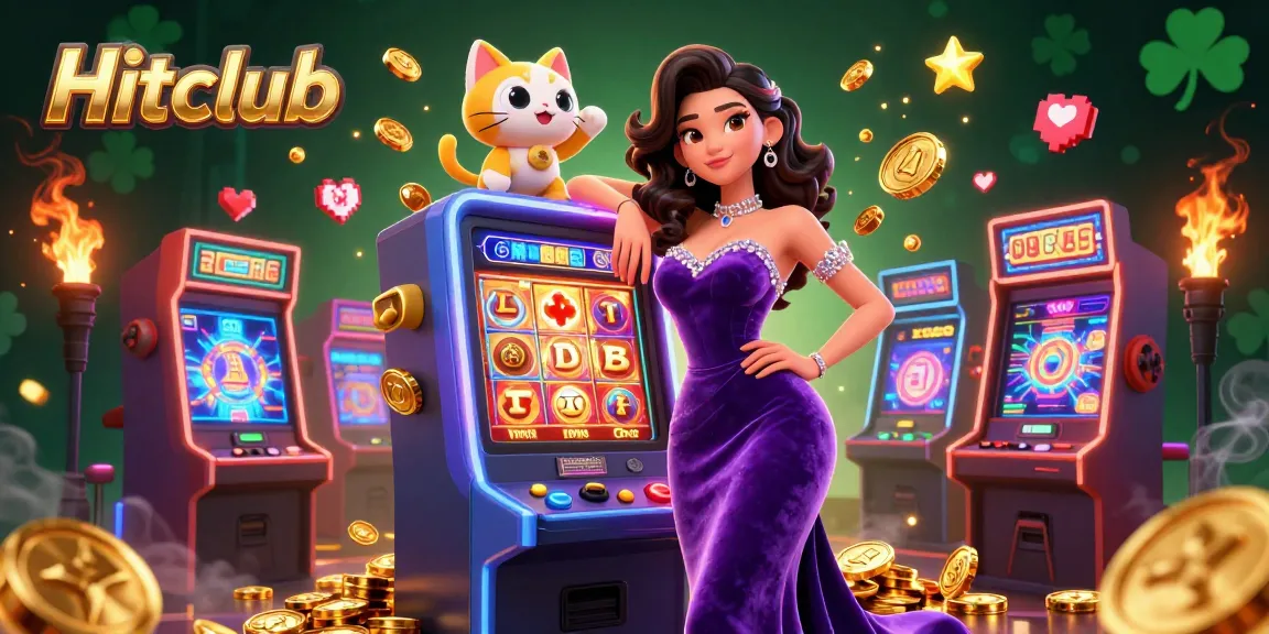 Hitclub players enjoying explosive jackpots with a glamorous woman at a slot machine and fortune cat mascot.