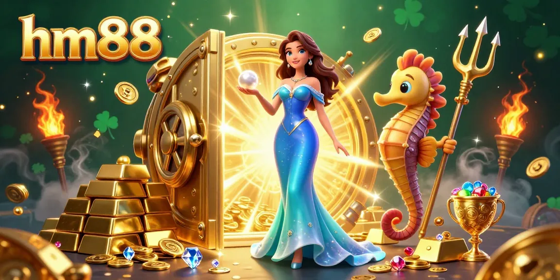 Spin the reels with hm88 and discover a stunning underwater treasure casino scene featuring a glowing pearl and riches.