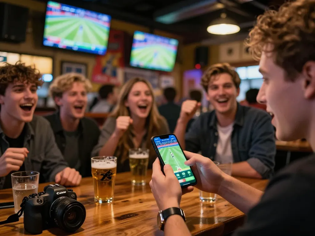 Player engaging in sports betting on the RR88 app, surrounded by friends in an exciting sports bar.