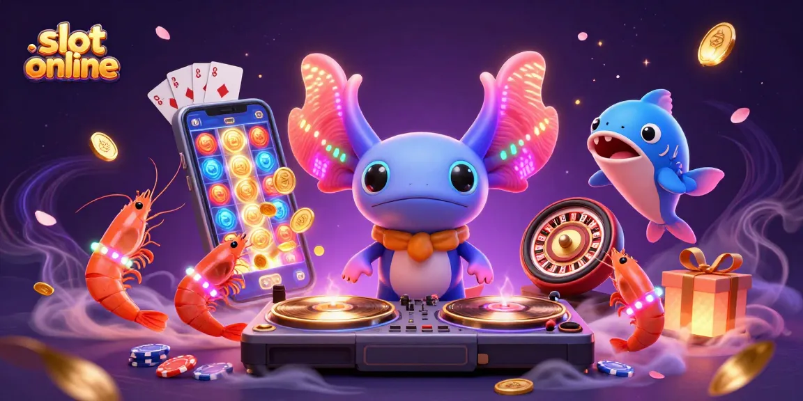 Bermain slot online dengan ilustrasi ceria dari DJ axolotl neon dan teman-teman lautnya.