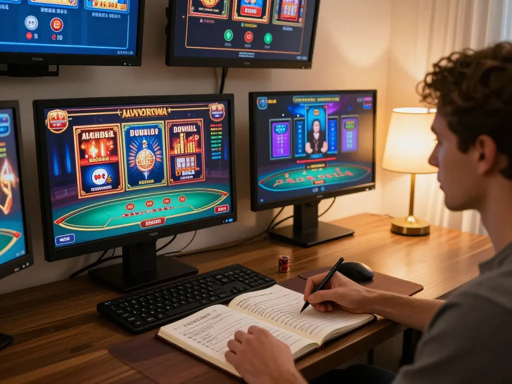 Engaged player using LGOSUPER casino app on multiple screens during a strategic online gaming session in a cozy setting.