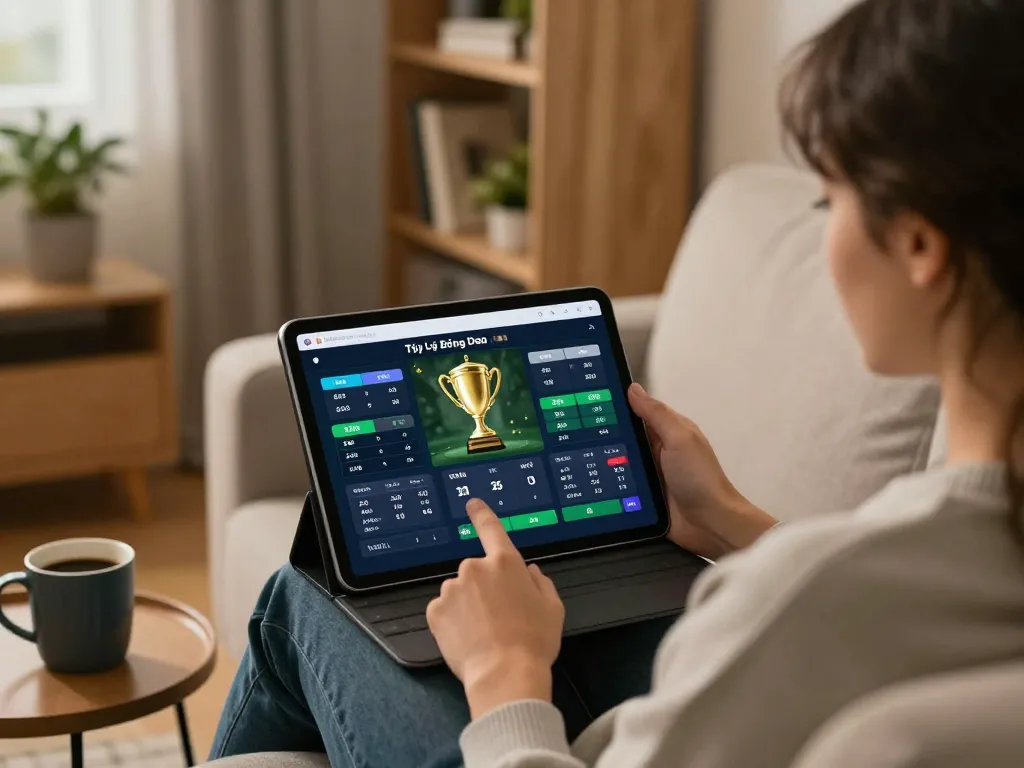 Tỷ Lệ Bóng Đá displayed on a tablet during live sports betting session at home