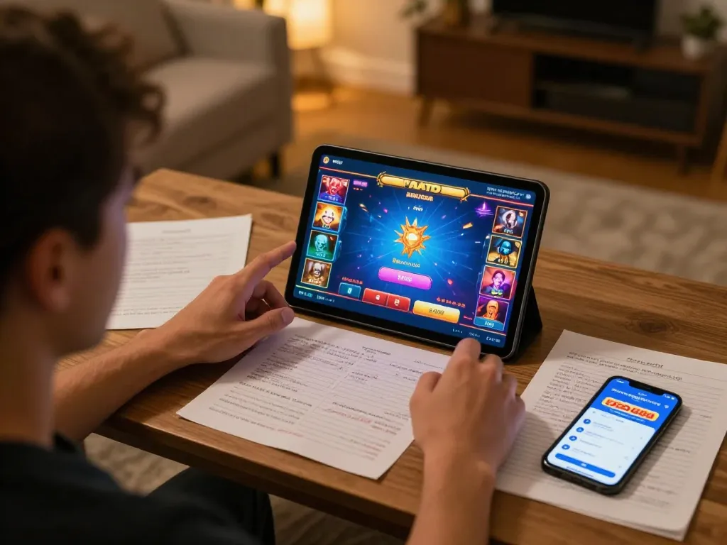Engaging with open888 online casino app on tablet in a cozy living space