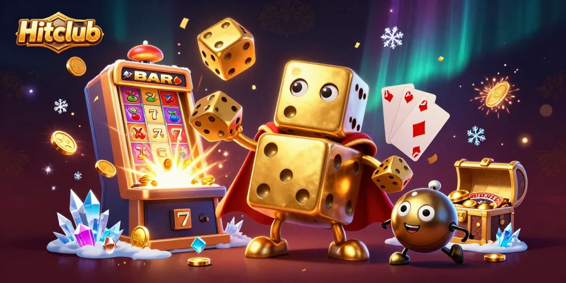 Hitclub showcases vibrant casino energy with golden dice and a jackpot explosion illustration.