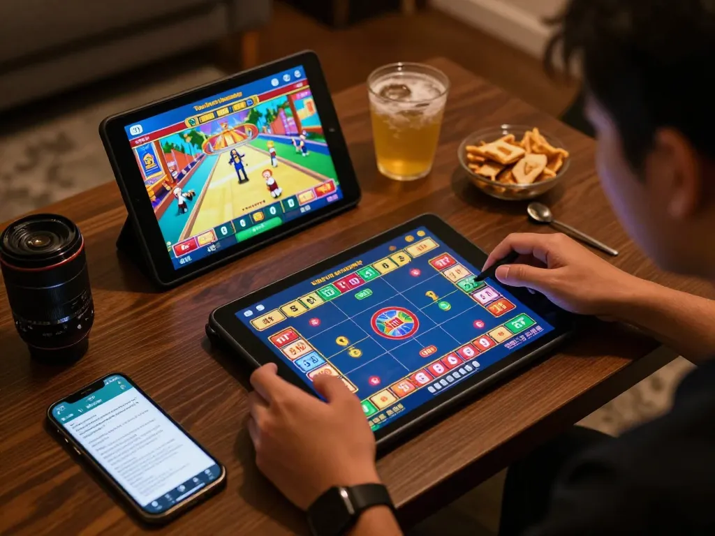 Engaging in togel hongkong gameplay on a tablet during a cozy home gaming session