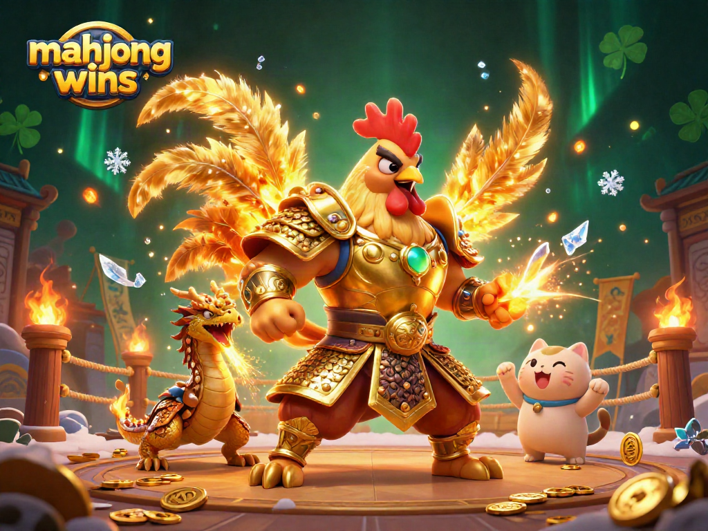 Experience exciting mahjong wins with a dynamic illustration featuring a rooster warrior, dragon hatchling, and fortune cat.