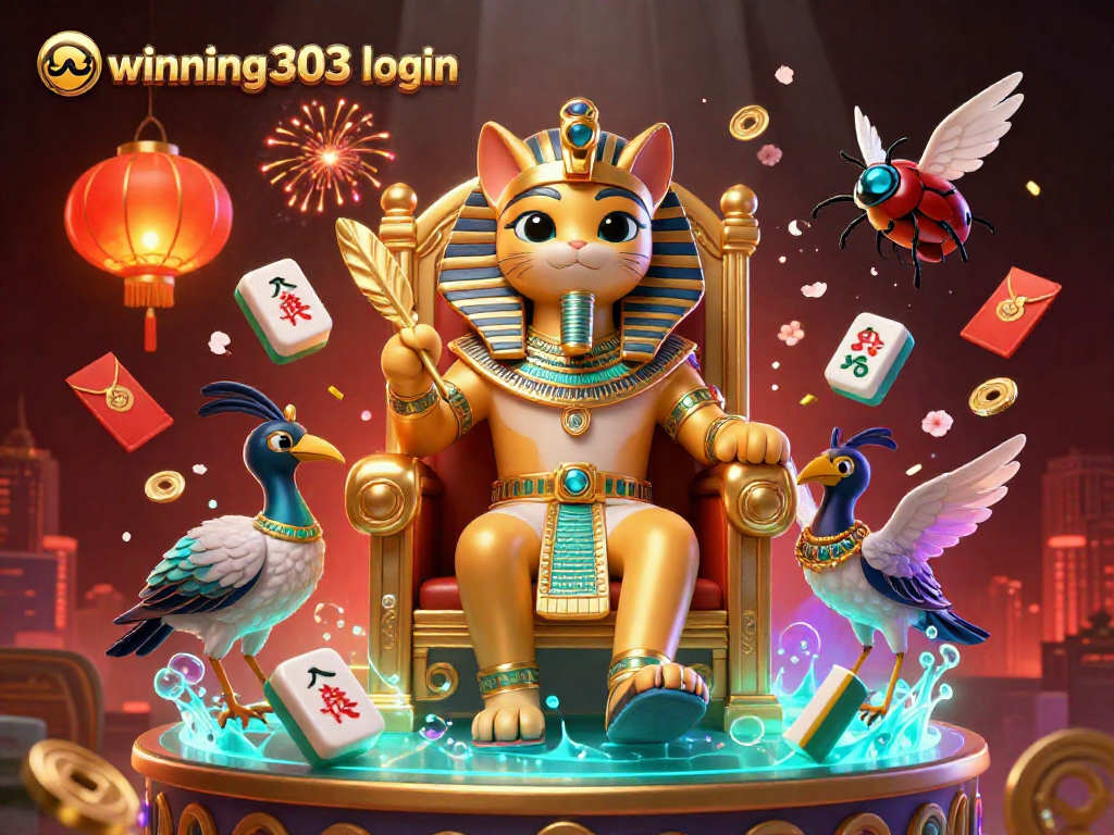 Join the excitement with winning303 login as the animated Egyptian pharaoh cat rules the casino realm.