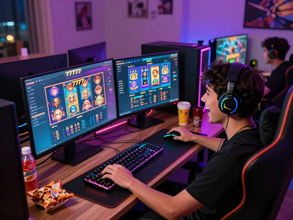 Pengalaman bermain slot777 secara online dengan antusiasme di ruang gaming modern.