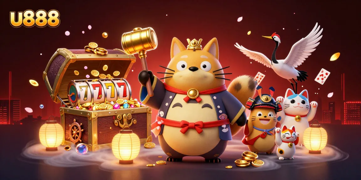 Win big with u888 slots, featuring a cheerful tanuki and lucky symbols in a dynamic casino scene.