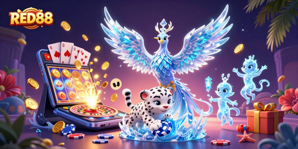 Experience the magic of RED88 with vibrant slot games and captivating characters in a dazzling casino scene.