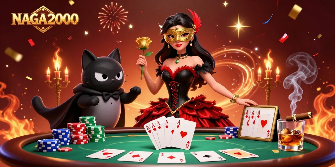 NAGA2000 mengungkapkan pemandangan kasino yang memikat dengan seorang wanita menawan, elemen poker, dan chip berwarna-warni.
