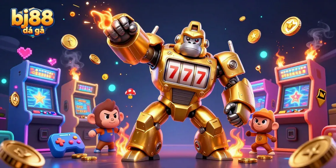 Experience thrilling bj88 đá gà action in a vibrant 3D illustration with arcade elements and golden gorilla mech.