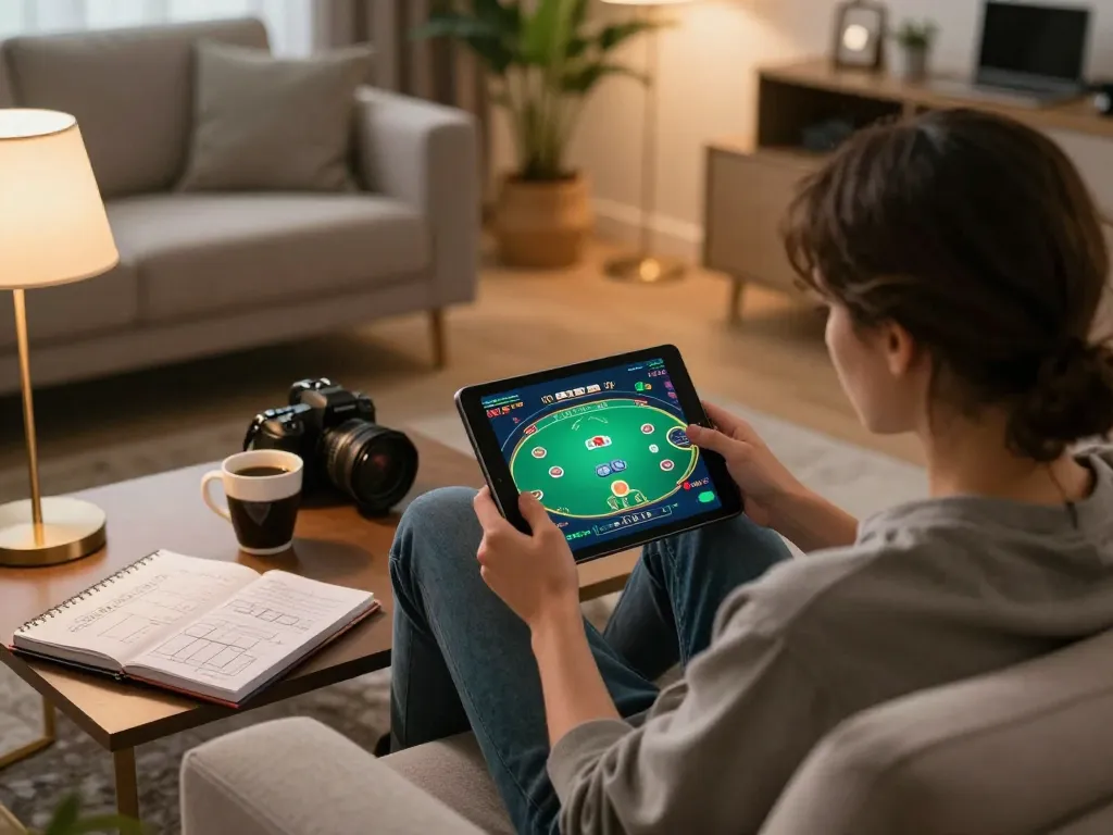 Engaged user enjoying online poker at situs ggdewa777 in a cozy home setting