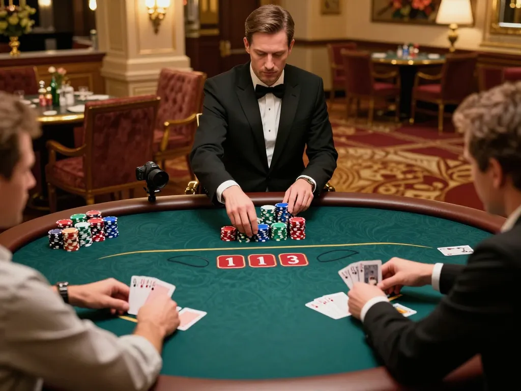 Players engaged in a high-stakes poker game at a luxurious casino, showcasing 7-hd's finest gaming moments.