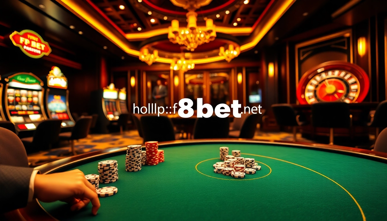 Experience high-stakes gaming at https://f8bet.net.in/ with luxurious casino interiors and vibrant poker tables.