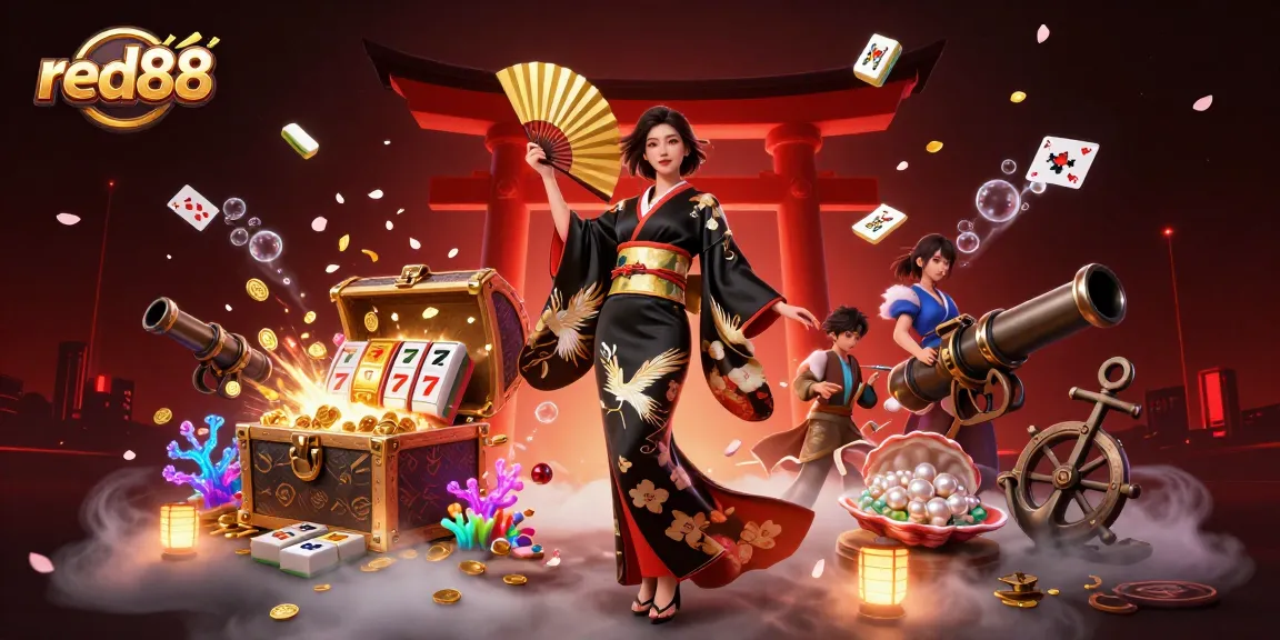 Experience exciting gameplay at red88 with a unique Asian-themed casino illustration featuring stunning elements.