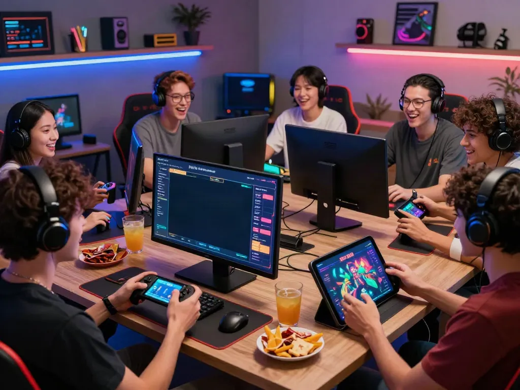 Group enjoying a vibrant gaming session featuring SLOT GACOR theme.