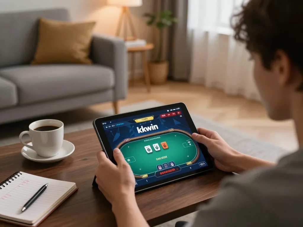 Player engaging with kkwin tablet for online poker in cozy living room setting.