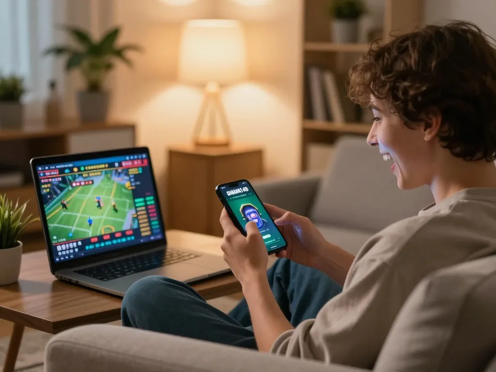 Engaging user playing dinamit4d on smartphone, showcasing a comfortable gambling setup at home