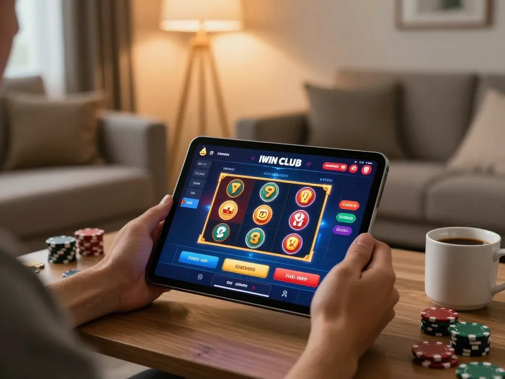 IWIN CLUB player engaging with a casino app on tablet during cozy gaming session