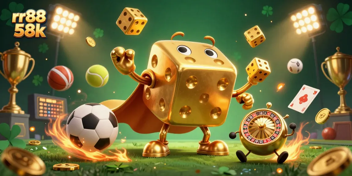 Engage in thrilling gameplay with rr88 58k while juggling golden dice and sports elements in an exciting scene.
