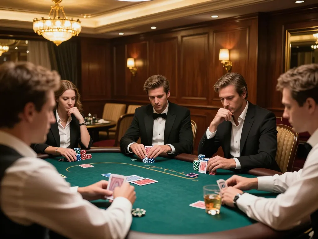 Players strategizing at a king33 poker table in a luxurious setting
