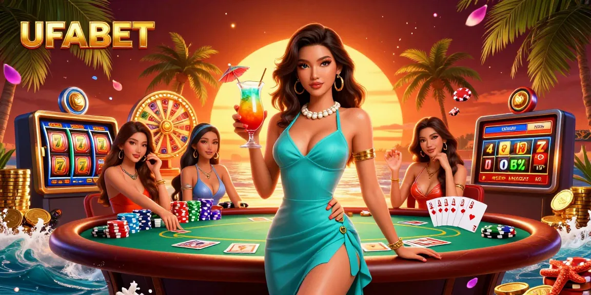 Experience thrilling UFABET gaming with a vibrant sunset scene featuring glamorous characters and dynamic casino elements.