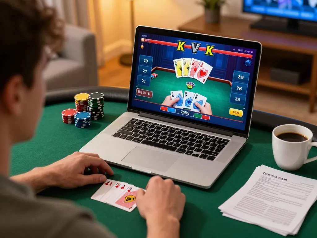 Player enjoying an online poker game at trang chủ 5679 with strategy notes and warm ambiance.