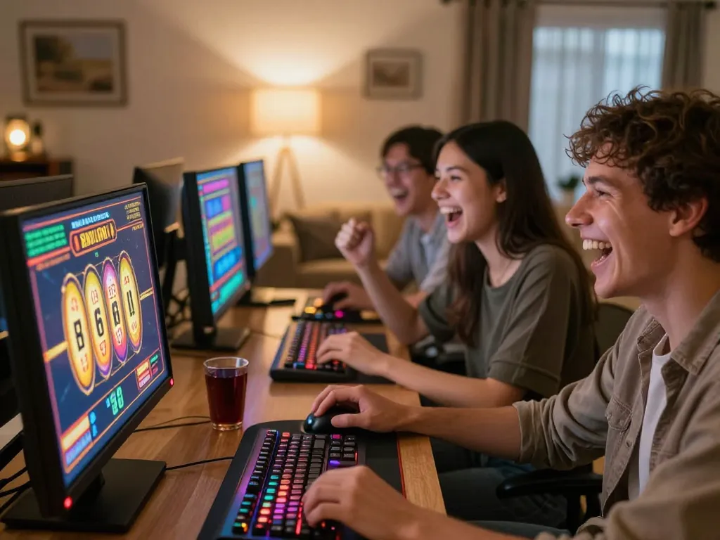 Nagapoker players celebrating wins in an engaging online slots atmosphere at home.